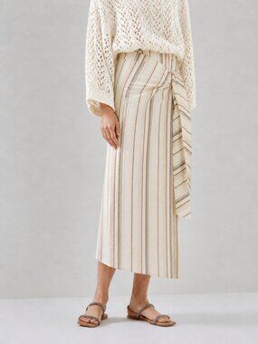Brunello Cucinelli Sarong Skirt Cotton Beige Stripe Size 8 NewTag $1,995